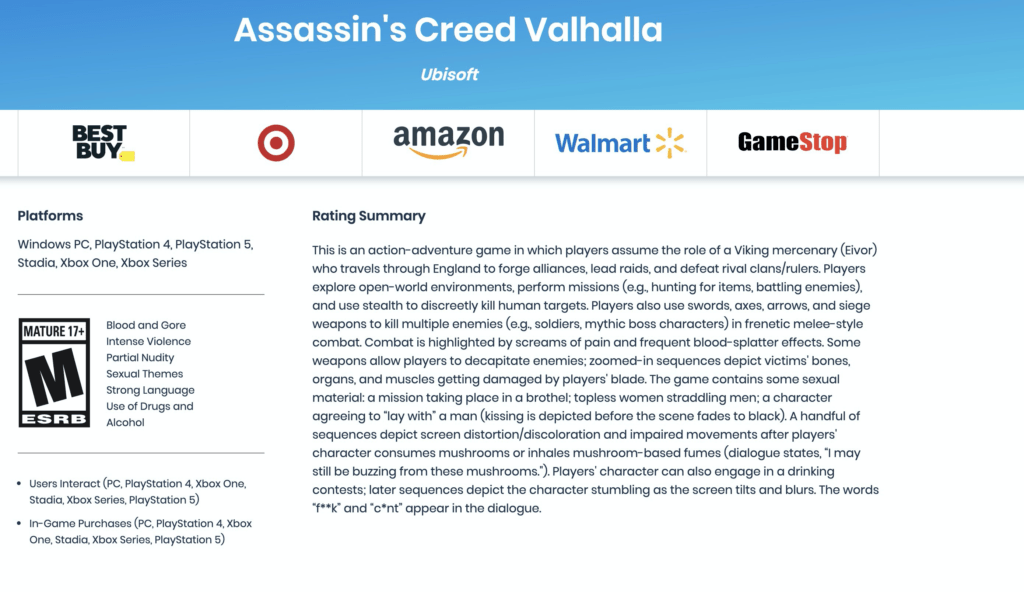 Возрастной рейтинг Assassin's Creed Valhalla - 17+