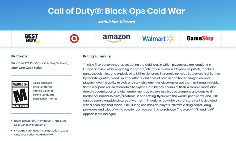 Возрастной рейтинг Call of Duty: Black Ops Cold War - 17+