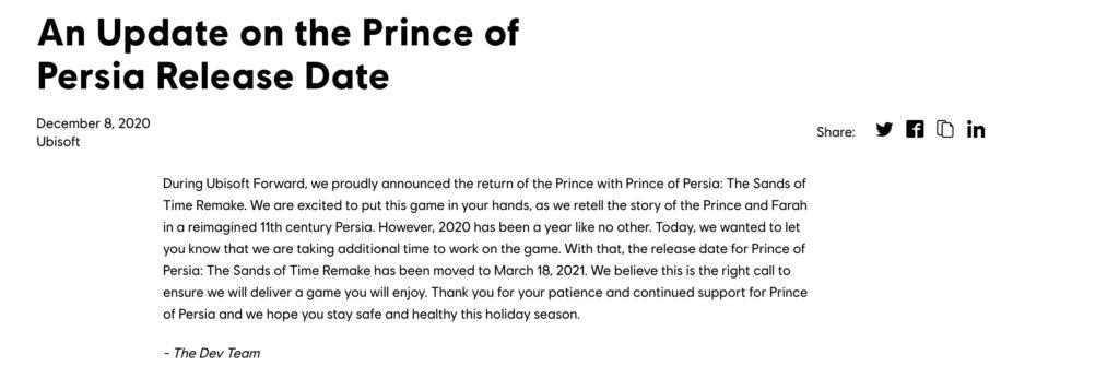 Дата выхода ремейка Prince of Persia: Sands of Time перенесена